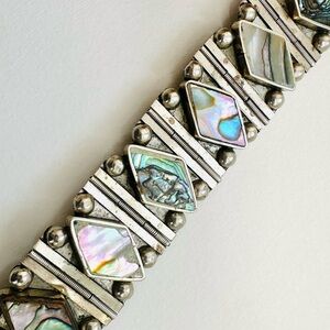 Vintage Mexico-Taxco Silver Bracelet Diamond Carved Abalone Jewelry